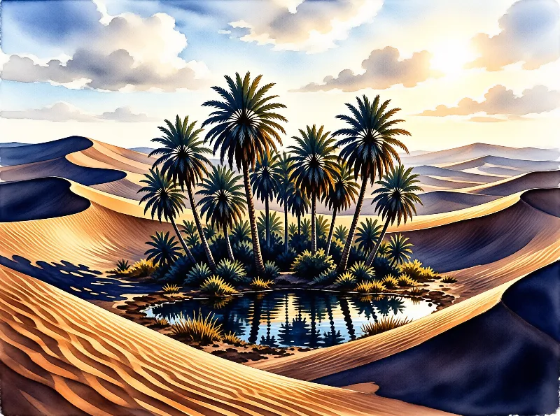 Tall palm trees surround a reflective pond within rolling orange and blue sand dunes under a cloudy sky.