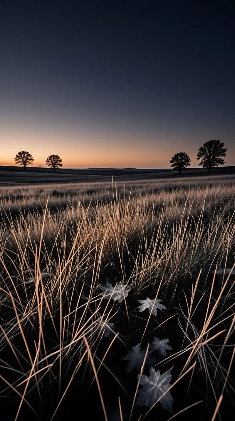 Fallen maple leaves lie among tall grasses while silhouetted trees stand against an orange horizon during twilight.