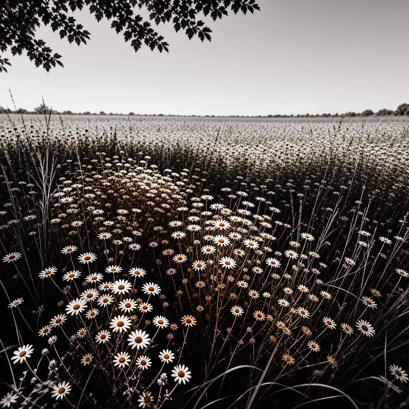 A field of pale daisies stretches to the horizon, with dark overhanging leaves at the top of the warm desaturated scene