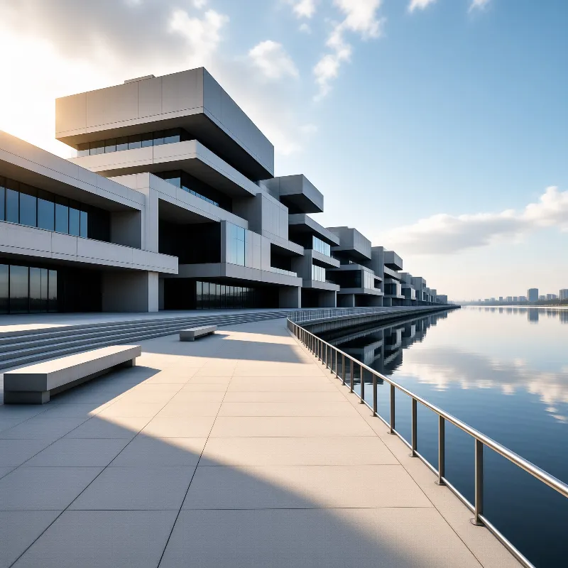A geometric concrete building stands beside a reflective pool while sunlight casts shadows across the walkway and railing.