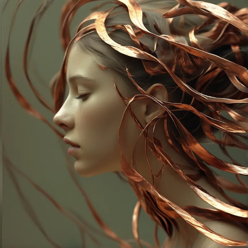 A profile of a woman with closed eyes surrounded by hair resembling flowing sheets of bronze metal under illumination.