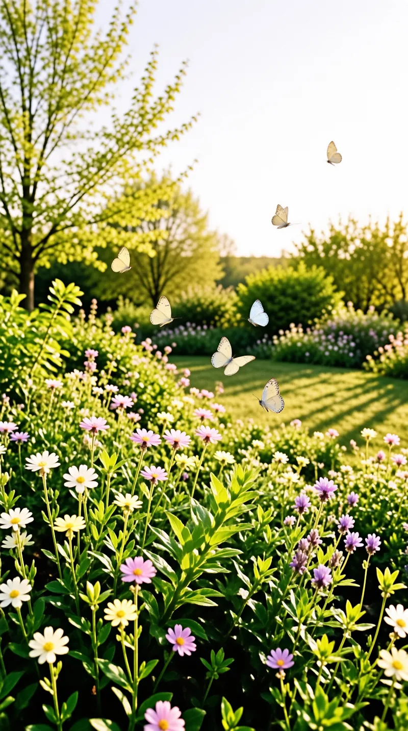 A cluster of pale butterflies hovers above a lush garden filled with purple and white daisies under bright daylight.