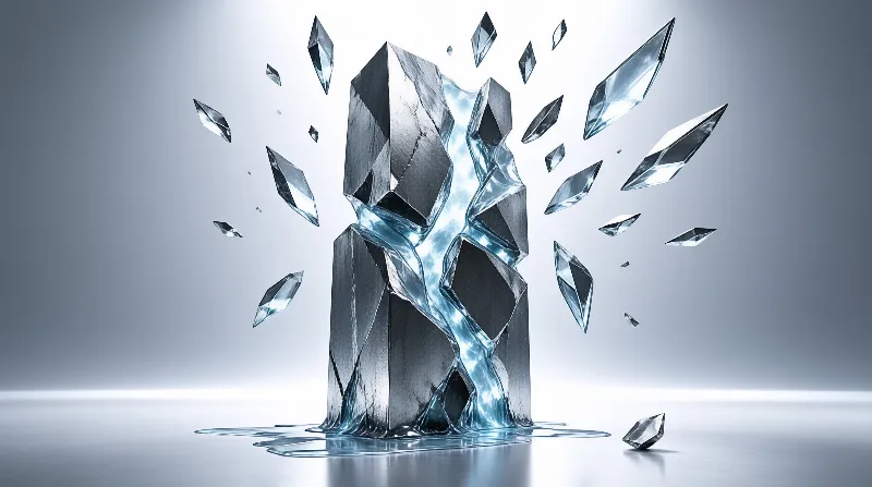A translucent cracked ice block sits on a reflective gray surface, sharp crystalline shards float in the air around it, lit by soft cool backlighting