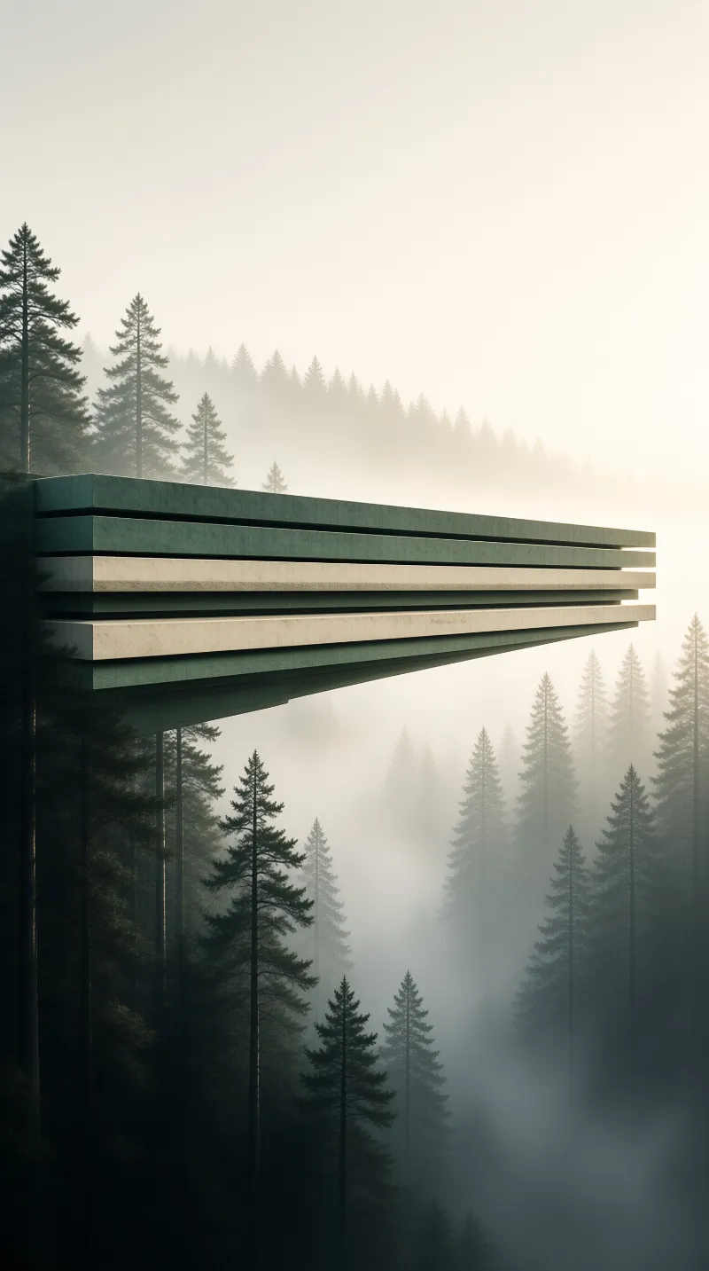 Concrete Viewing Platform in Misty Pine Forest