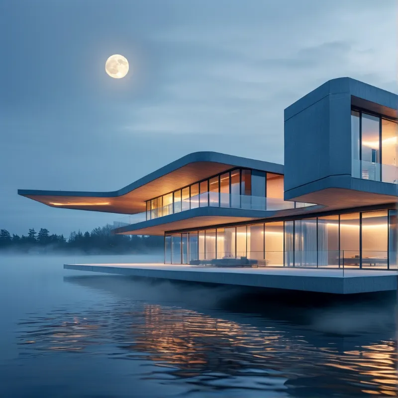 Modern Villa on Water at Night