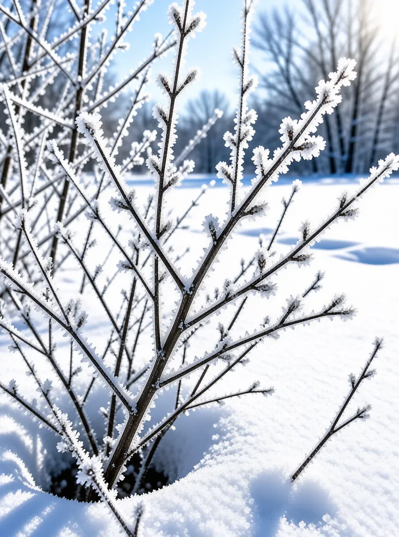 Close-up of dark twigs covered in white ice crystals against a snowy field and blurred trees under bright sunlight.