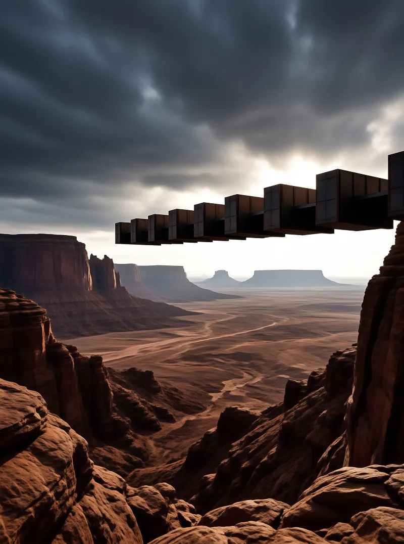 Dark geometric blocks form a hovering staircase above a vast red canyon landscape under dramatic storm clouds.