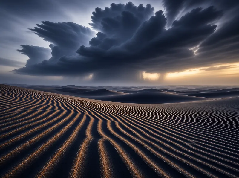 Warm light highlights textured sand dunes under a heavy, dark storm sky.
