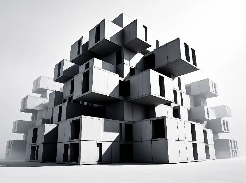 Dozens of hollow cubic rooms are piled into a leaning tower against a blank pale sky with sharp shadows