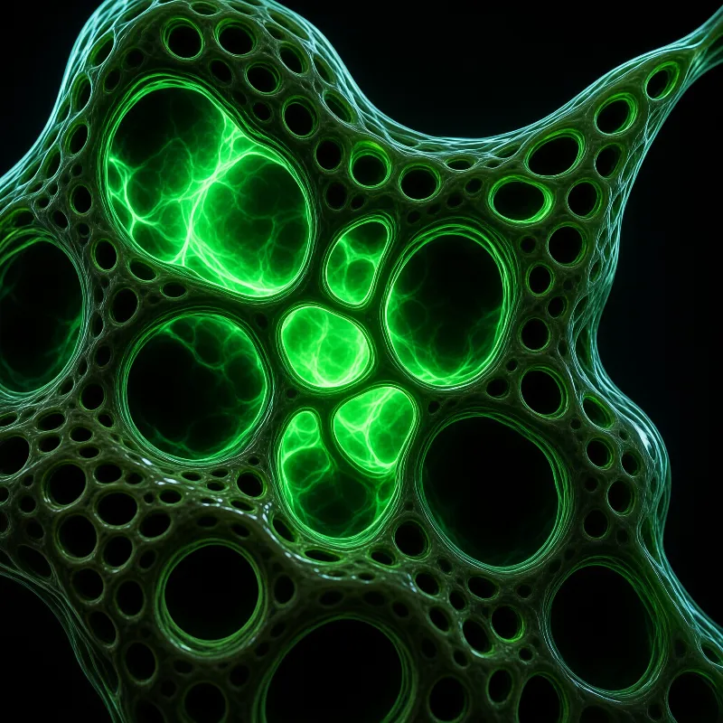 Vein-like strands cradle glowing green cells whose branched interiors shine against deep shadow