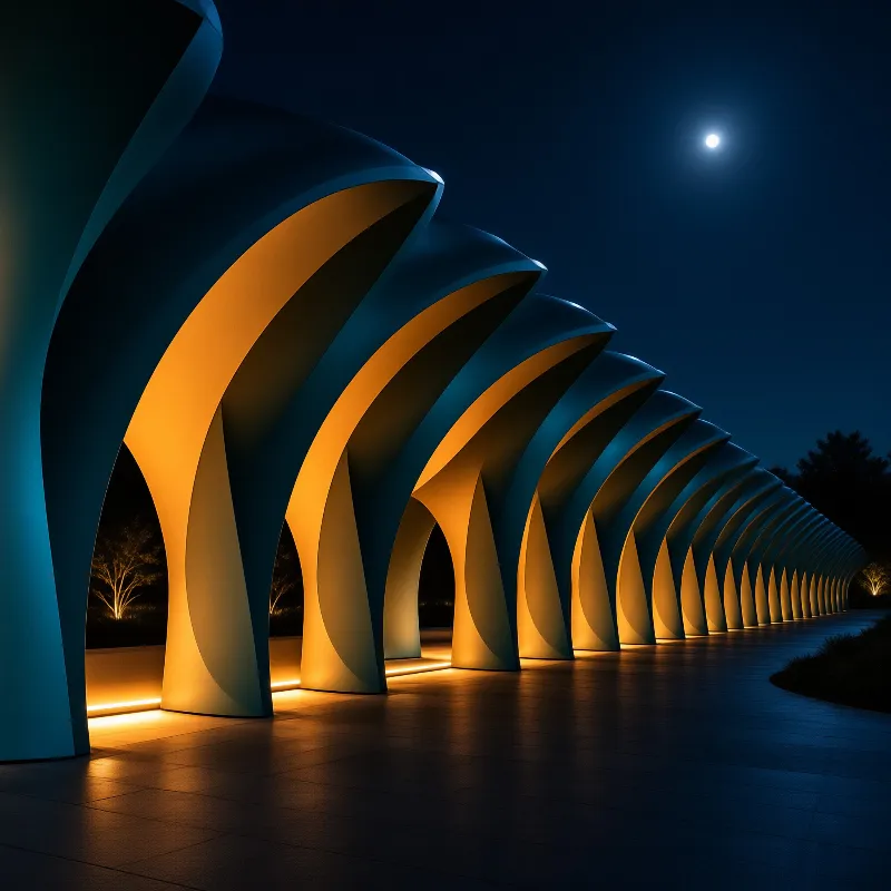 Curved blue structures line a dark walkway, illuminated by warm uplighting while a bright moon hangs in the sky above.