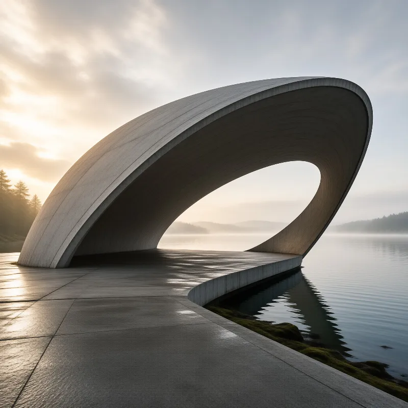 A large smooth concrete shell rises above a wet reflective platform next to a foggy lake under soft morning light.