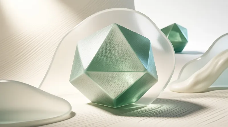 A faceted green gemstone sits inside a smooth white curved structure on a rippled surface.