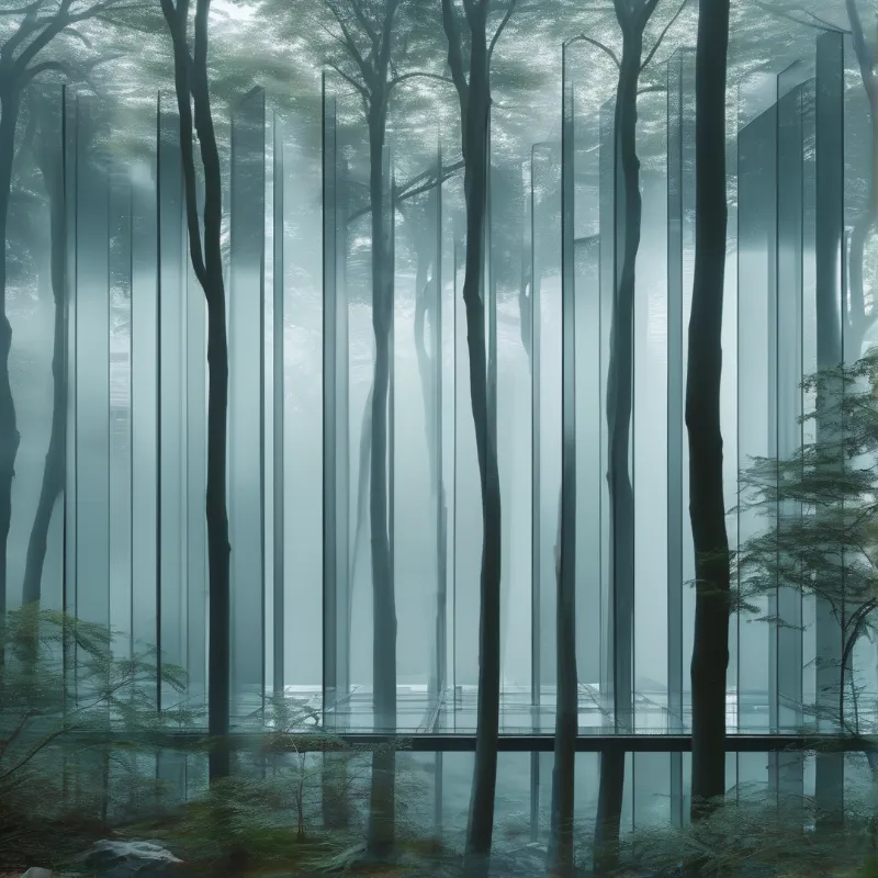 Vertical glass sheets stand between tall slender trees in a foggy forest lit by dim cool overcast light.
