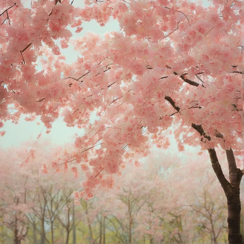 A dense canopy of pink cherry blossoms hangs against a bright hazy sky with blurred trees in the background.
