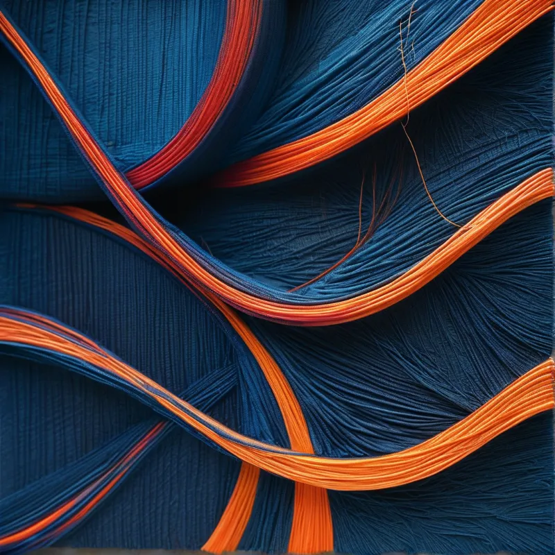 A close-up view shows deep blue pleated material curving diagonally alongside bright orange ribbed strips that create a dynamic contrast in texture and color.