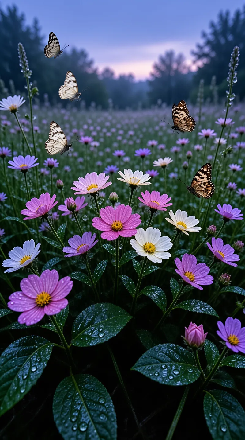 Patterned butterflies fly above a meadow of pink and white cosmos flowers covered in dew under a twilight sky.