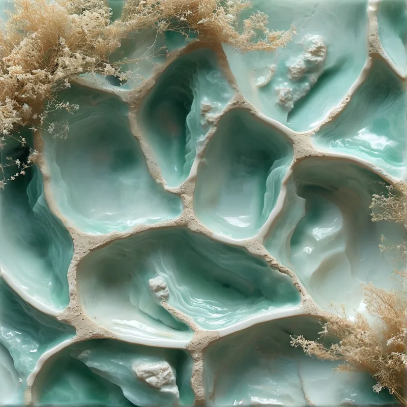 An abstract surface of layered teal agate pools separated by cream stone veins with sprigs of dried pale flowers