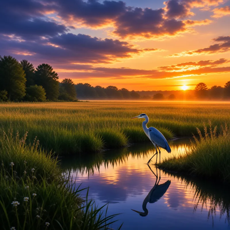A great blue heron stands in calm water reflecting a sky of orange and purple clouds over a golden meadow