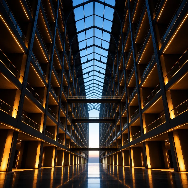 Symmetrical high rise interior with a long glass skylight above a corridor lined with warm orange lighting on balconies.