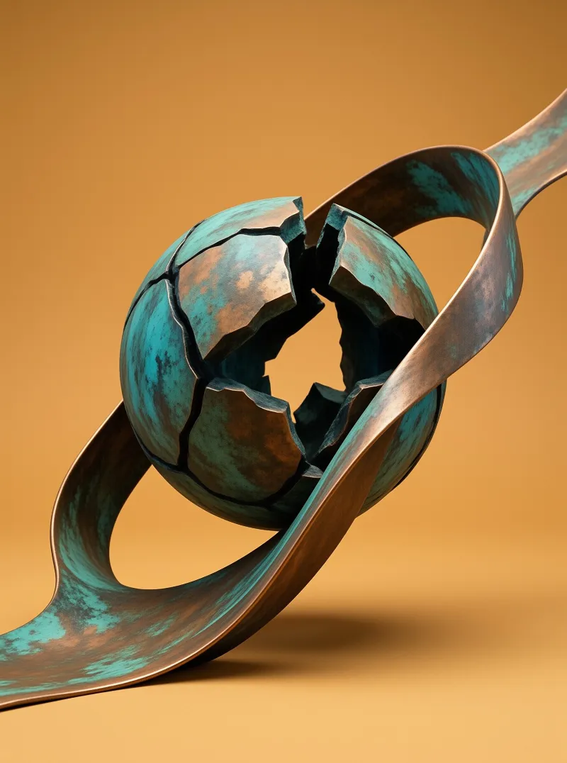 A cracked bronze sphere rests on a yellow gradient while a twisted metallic band loops around its fragmented surface