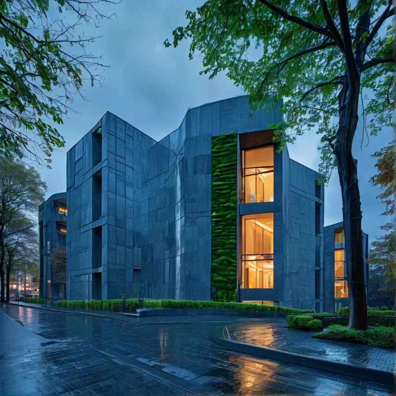 A dark facade building with a vertical garden strip glows with warm interior light on a wet evening street lined by trees
