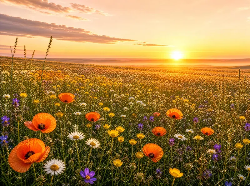 Sunset Over Wildflower Field