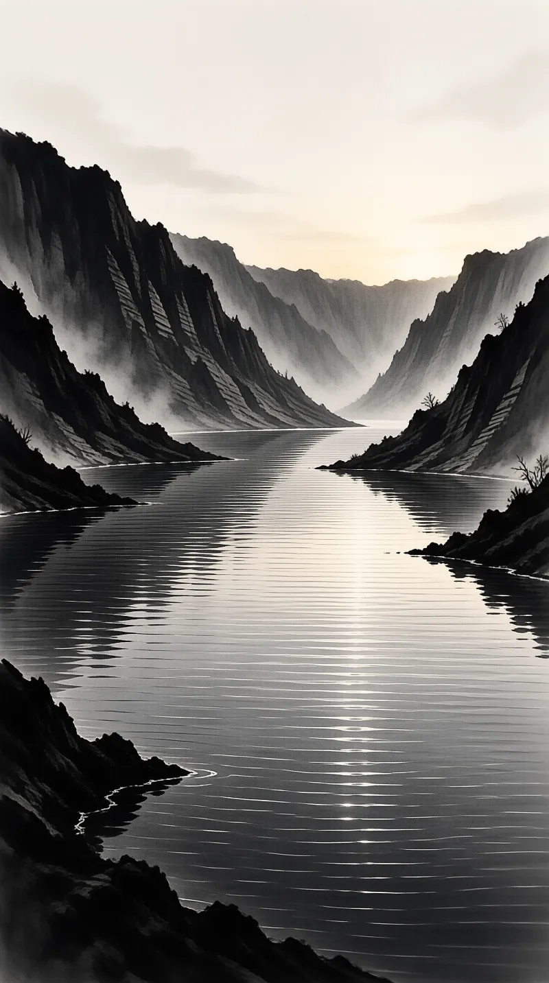 A river winds between steep cliffs shrouded in mist while bright light glows on the water surface near the horizon.
