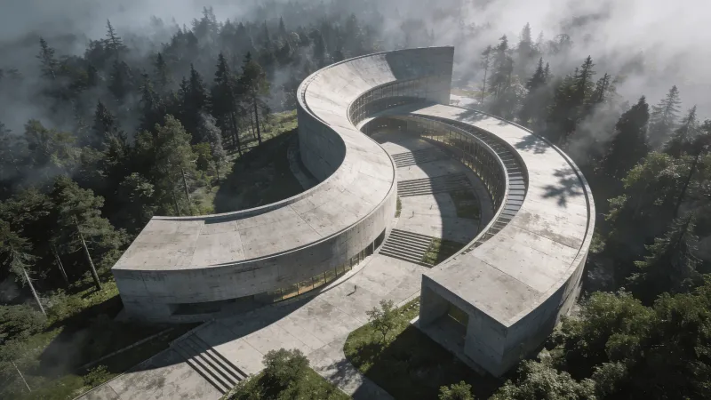 Cultural Center with Curved Concrete — Misty Forest