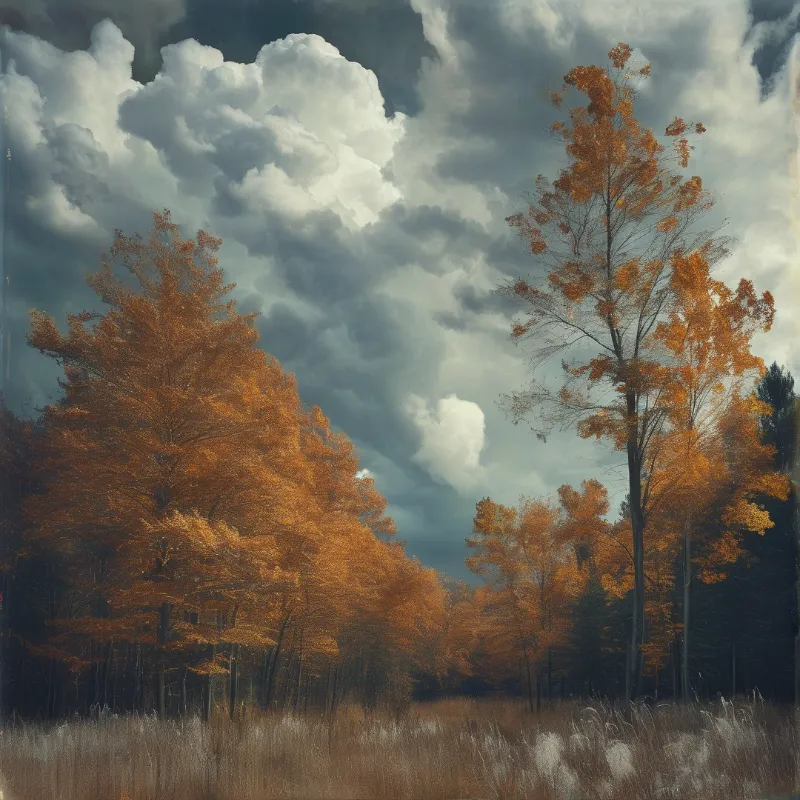 Tall trees with golden orange foliage stand along a reed marsh edge beneath thick dramatic grey and white clouds