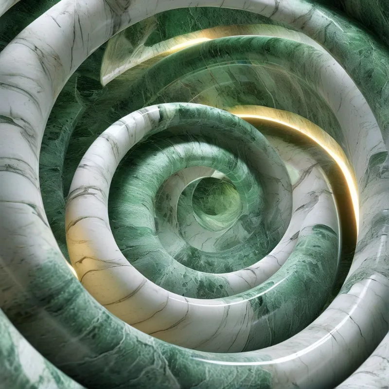 A glossy spiral tunnel made of white and green veined stone features bright yellow highlights curving along the inner edges.