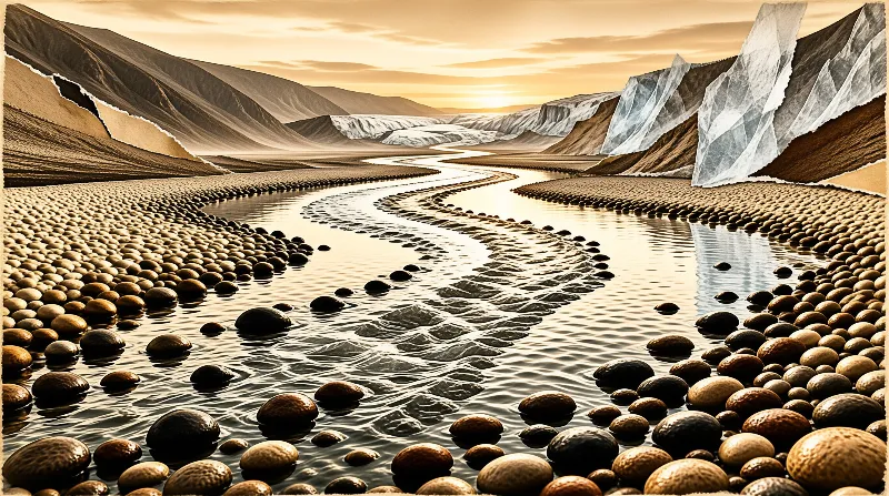 A river flows through a rocky valley lined with smooth pebbles, reflecting the warm golden light of a sunset sky.