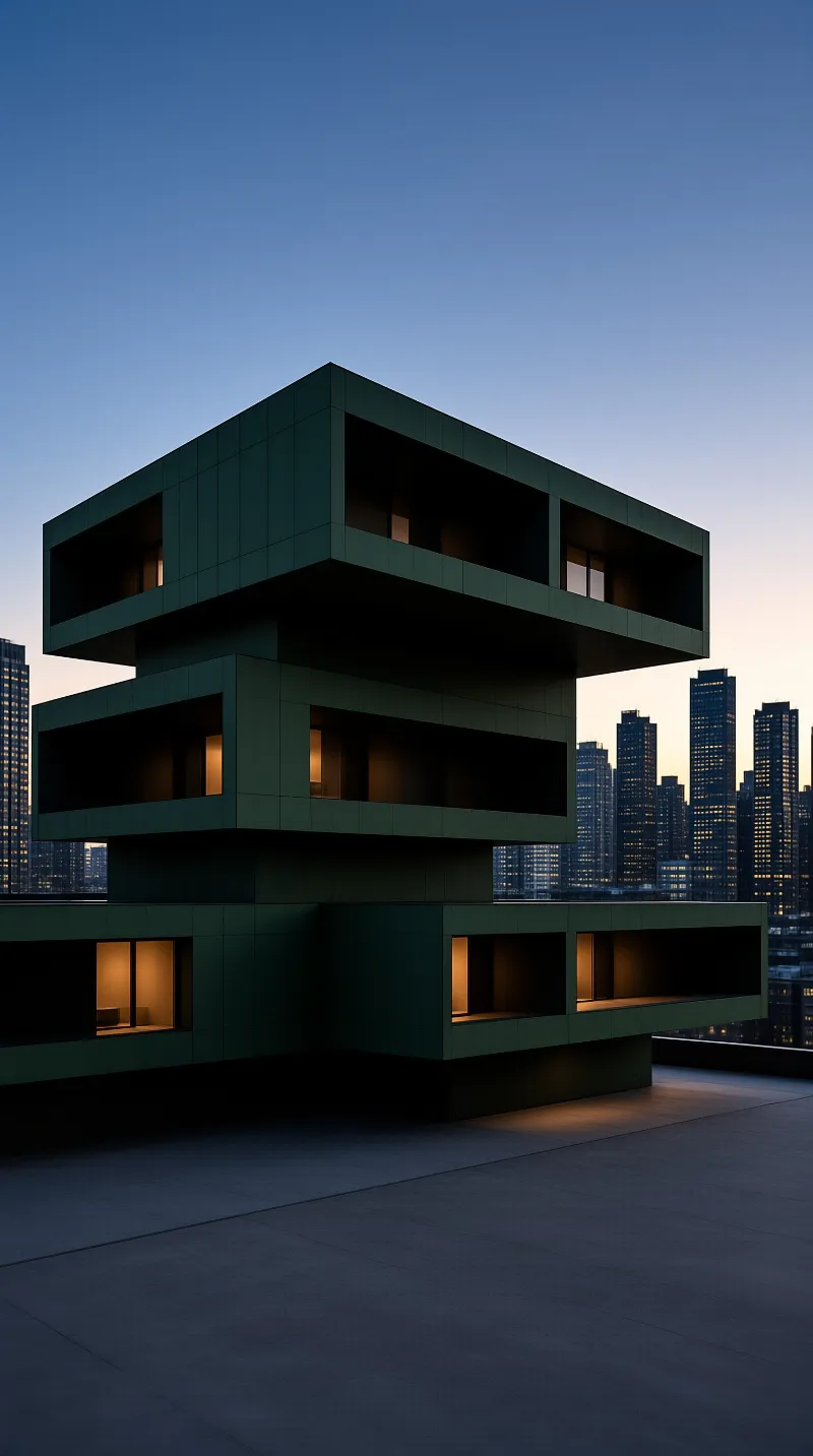A dark green multi-story building with glowing windows stands on a terrace before a city skyline at twilight.