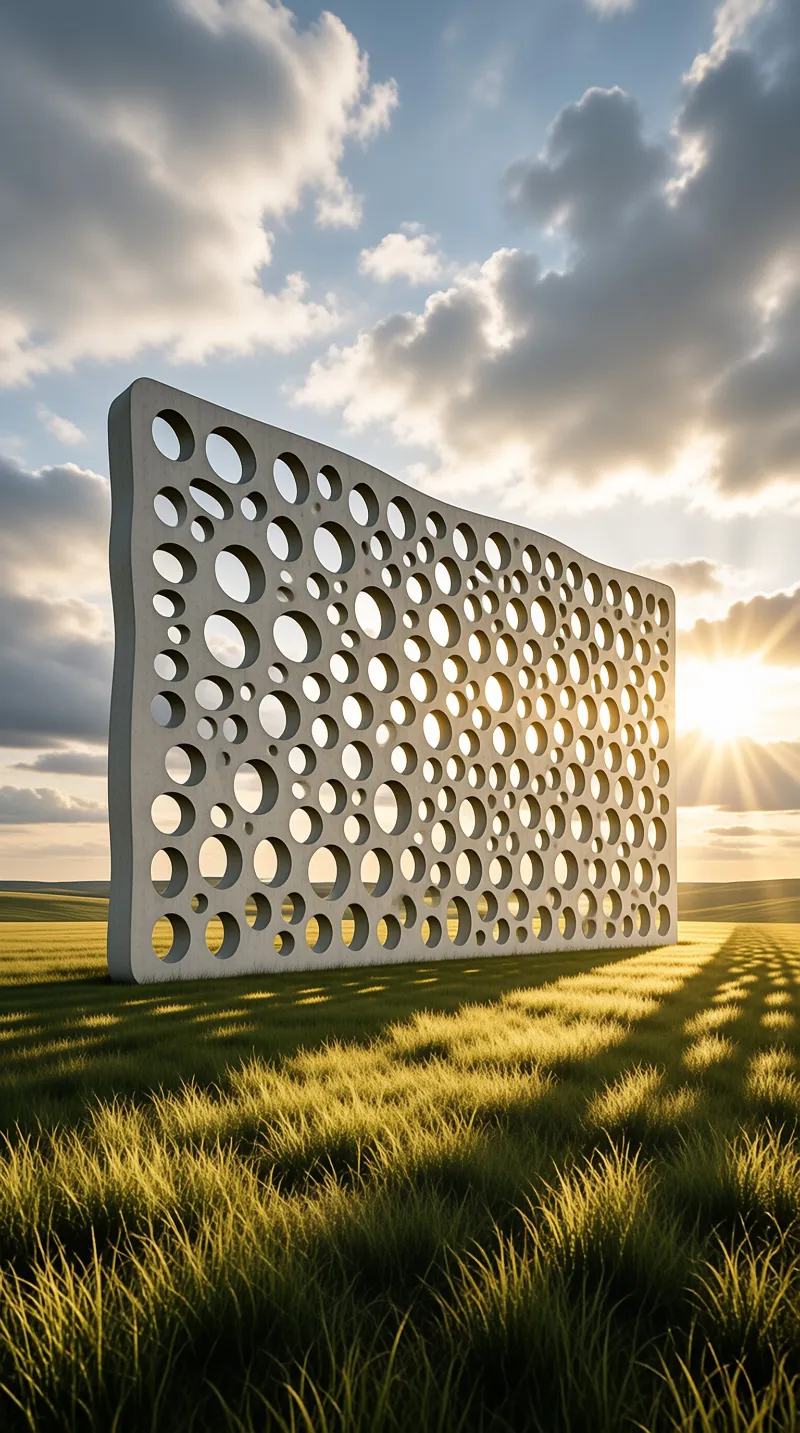 Large perforated concrete wall in a grassy field with sunlight streaming through the holes onto the grass.