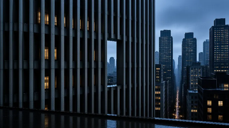 A dark concrete high-rise with lit grid windows looms over a wet avenue glowing with traffic lights at dusk.