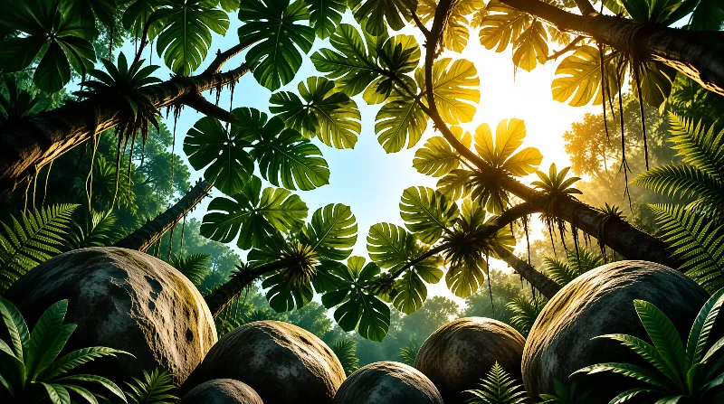 Broad green leaves and hanging branches frame a bright sky above moss covered boulders.