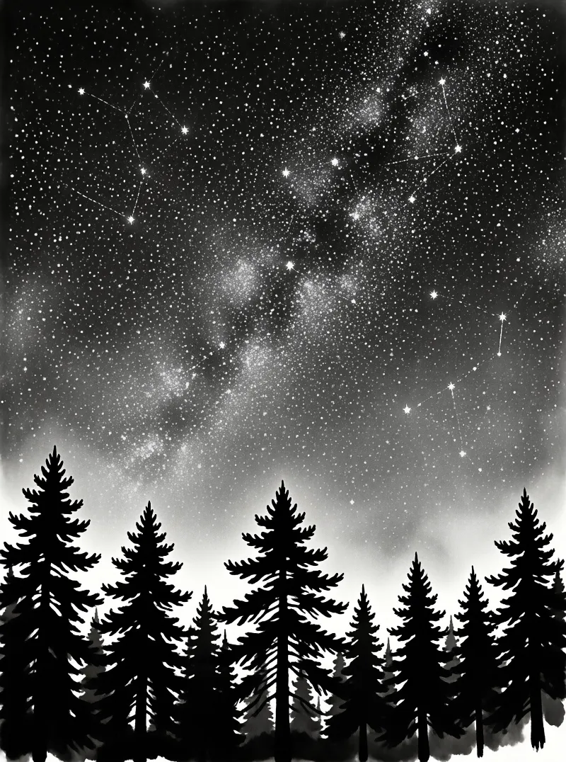 Dark coniferous tree silhouettes frame a luminous starry sky containing the Milky Way