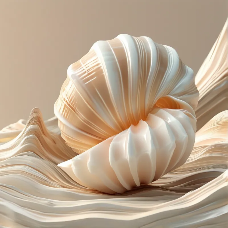 A smooth beige spiral of creamy texture sits atop undulating waves of similar material under soft lighting.