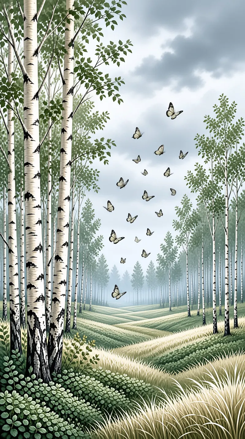 A flock of white butterflies rises over a lush green meadow flanked by tall birch trees under an overcast grey sky.