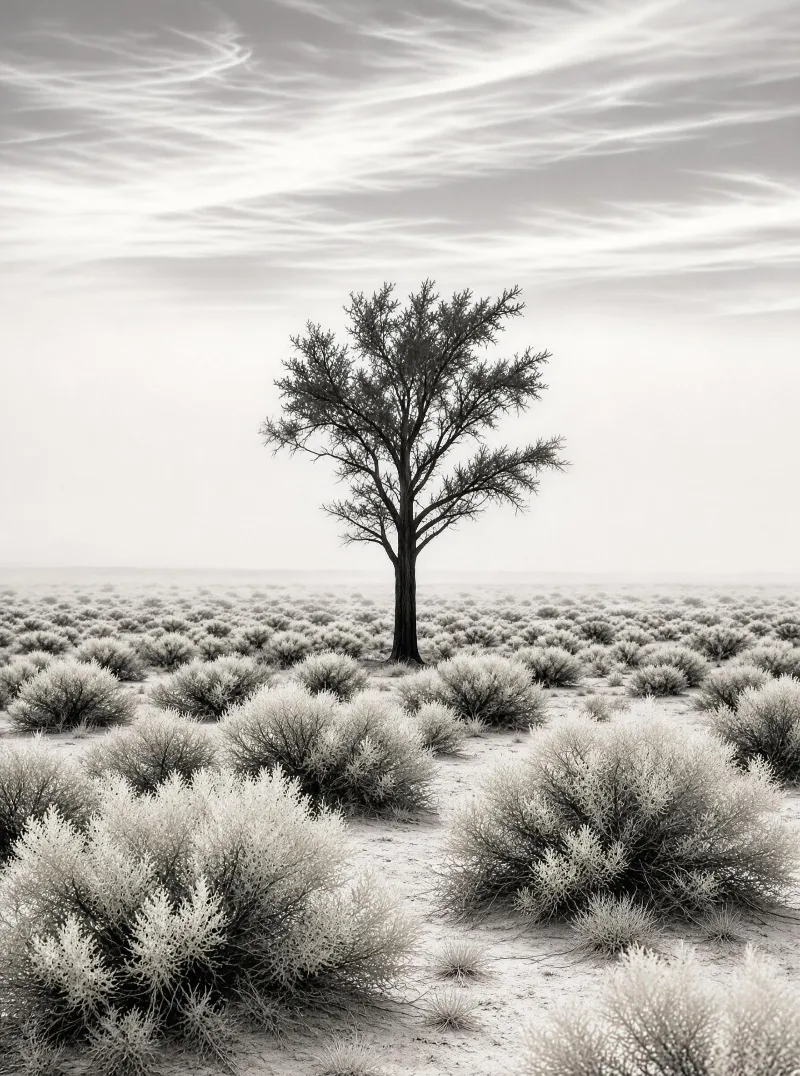 A lone tree stands prominently among scattered desert shrubs beneath a sky streaked with wispy clouds in this black and white landscape