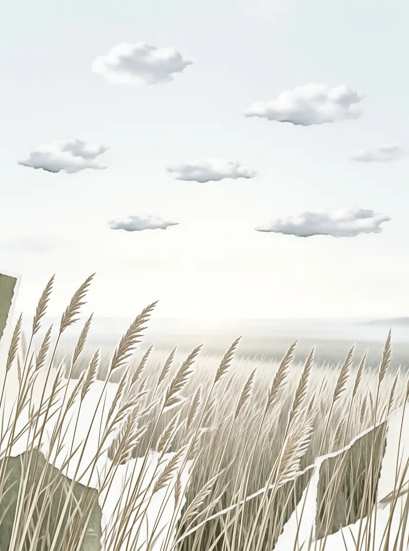 Pale golden wheat stalks rise through hazy lowland mist, dotted with soft rounded clouds against a washed out pastel sky.