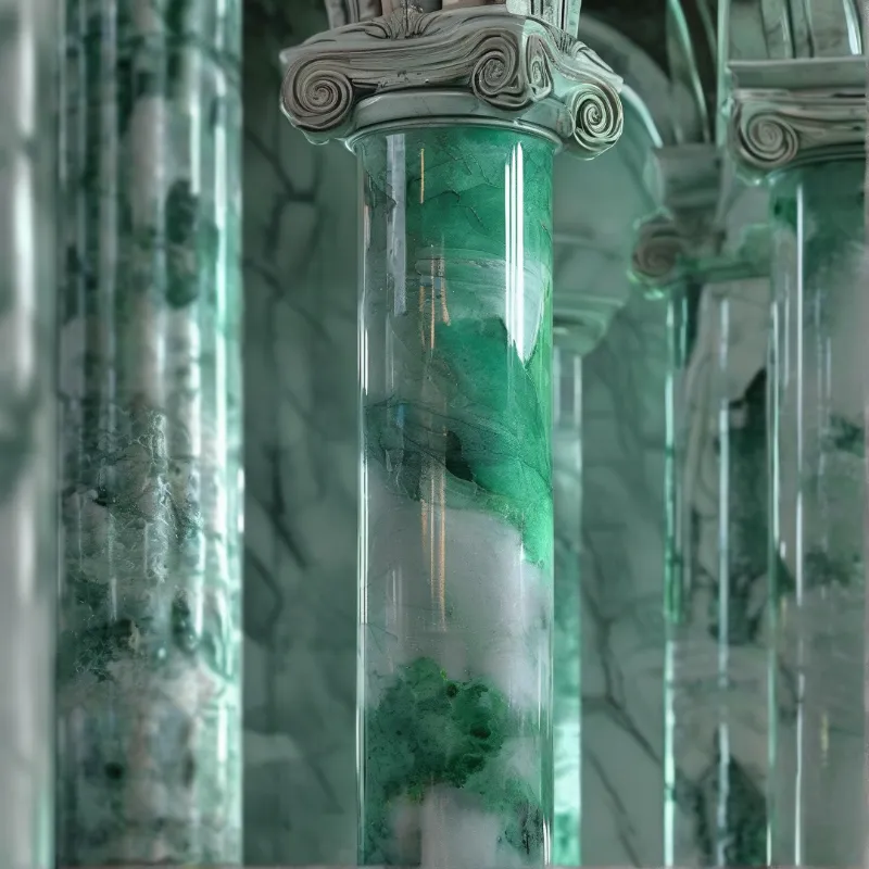 A close up view of a green marble pillar featuring an ionic capital with volutes and reflections on the surface.