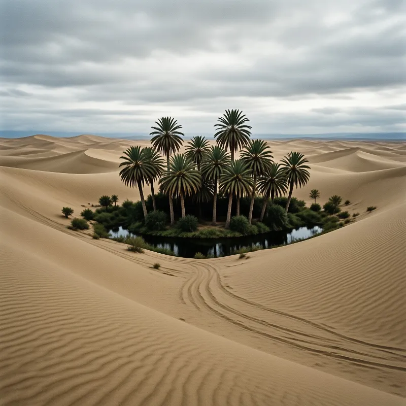 A cluster of green palm trees surrounds a small pond in the middle of golden sand dunes under a cloudy sky.
