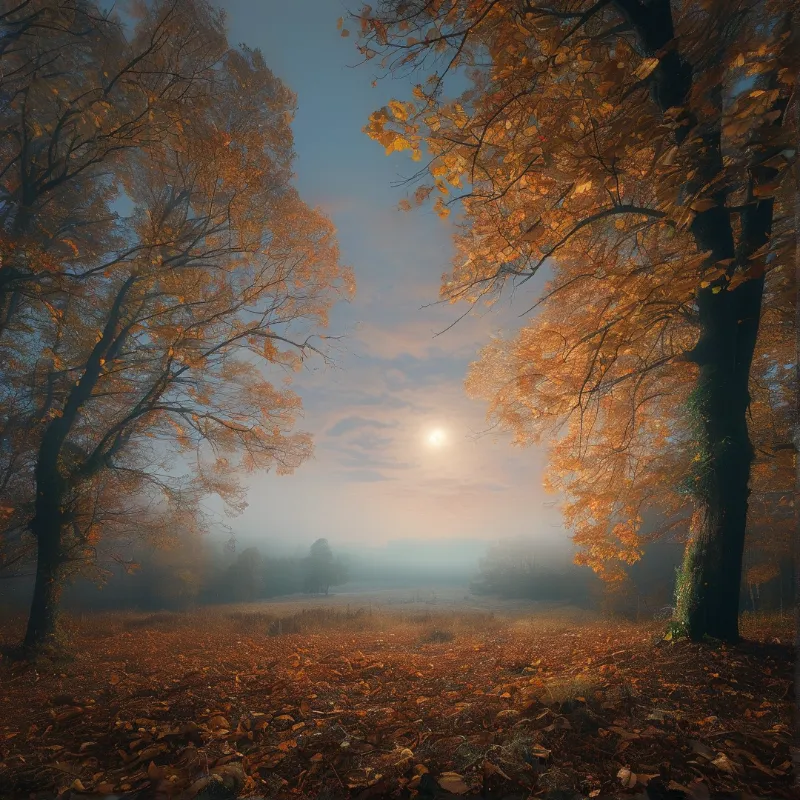 Two large trees with golden orange leaves stand on either side of a leaf covered ground while a bright sun shines through the morning mist in the distance.
