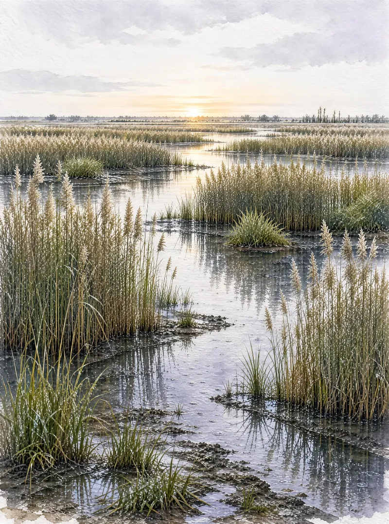 Tall marsh grasses grow in shallow water in a wetland, with the sun setting on the horizon casting warm golden light over the landscape