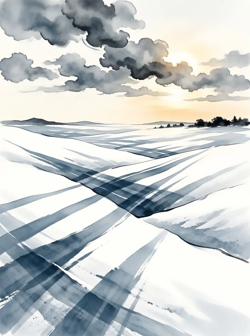 Watercolor of a wide snow flat with grey clouds on the horizon lit by a soft warm sunset light.