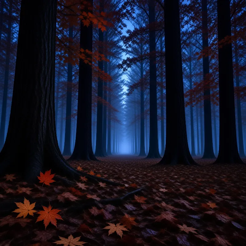 Tall dark tree trunks rise vertically with red foliage scattered across the forest floor in blue fog.