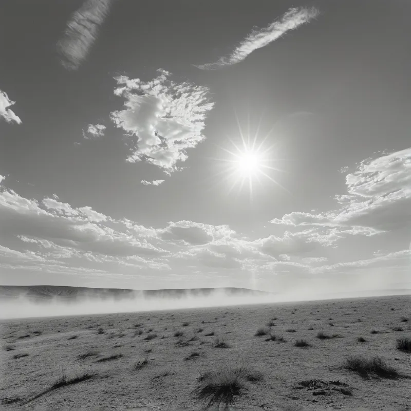 Black and white view of a scrubby desert floor under a bright sun with wispy clouds