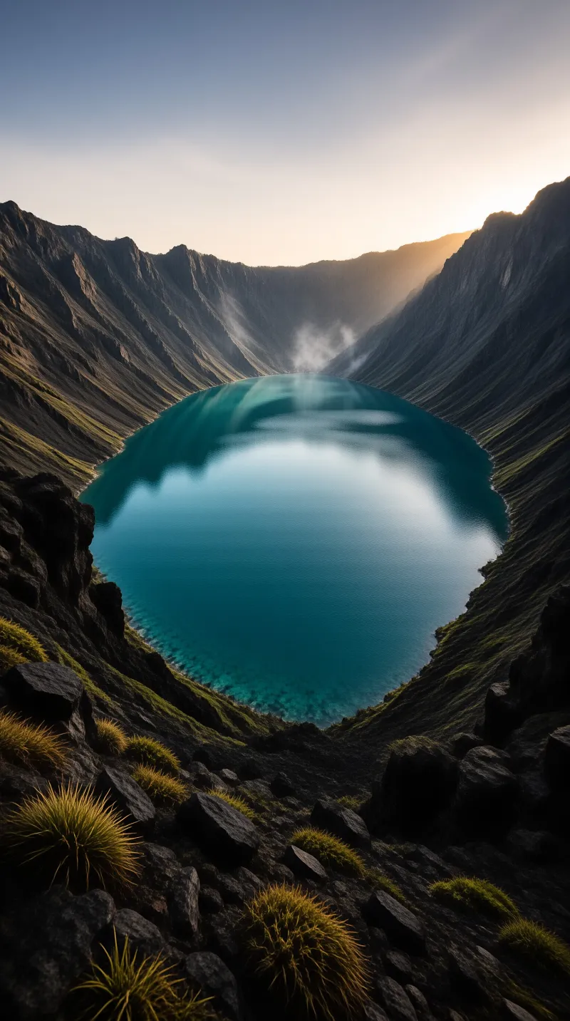 Misty Volcanic Crater Lake