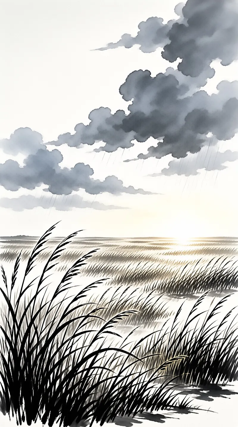 Dark grasses bend in the wind across a wetland while heavy grey clouds release rain over a bright horizon.